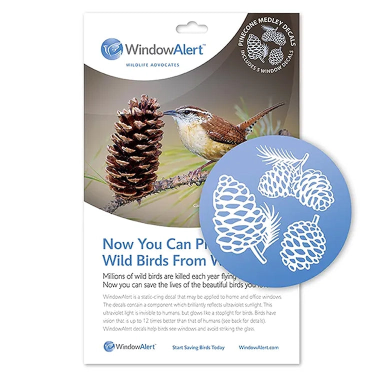 WindowAlert wildlife decal with pine cone and bird design on a white background