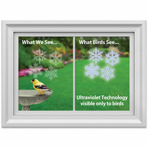 Snowflake WindowAlert Decals set against a bird bath background, designed to prevent bird-window collisions with UV-reflective coating, translucent for clear outdoor visibility.