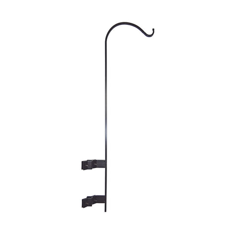 Vertical Mount Baluster Hanger with curved handle, black metal, features two hooks and adjustable clamp for porch bird feeders, supporting up to 30 lbs.