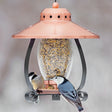 Mini Copper-Finish Lantern Feeder with birds eating from glass seed hopper and perched on tray, features four feeding ports and a brushed copper finish.