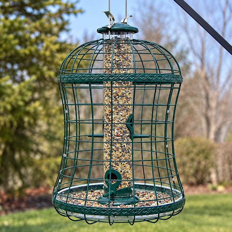 Green squirrel-resistant caged tube bird feeder filled with mixed bird seed, featuring a protective metal cage and seed-catching tray, hanging in a backyard setting.