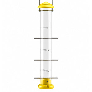 Yellow Nyjer tube bird feeder with a clear reservoir, silver perches and wire hanger on a white background.