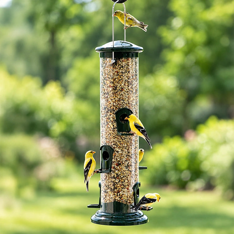 American goldfinches feeding from a large green tube bird feeder filled with bird seed, hanging in a lush backyard.