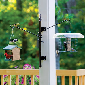 Wall Mount Straight Pole with Adjustable Straight Arms featuring birds on a feeder, showcasing its sturdy build and placement versatility for bird watching.