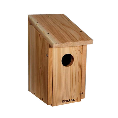 Cedar Woodpecker Bird House with a 2-1/4 inch entry hole, featuring built-in ventilation, drainage, and a front panel for easy cleanout.