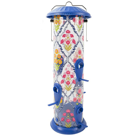 Garden Floral Easy Clean Feeder: A decorative bird feeder with floral designs and six feeding ports, featuring a blue handle for easy hanging and filling.