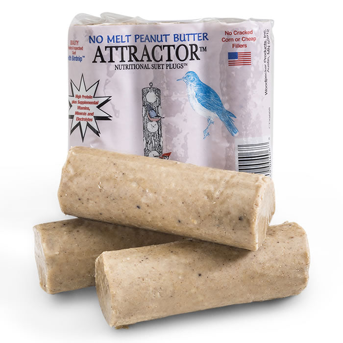 Attractor No Melt Peanut Butter Suet Plugs, 12 Plugs: Close-up of packaged peanut butter suet bars, ideal for bird feeders, offering high-protein nutrition.