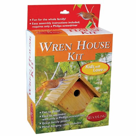 Wren Bird House Kit: A boxed kit with all components to build a red cedar birdhouse, featuring a 1-1/8 inch entry hole, attracting wrens.