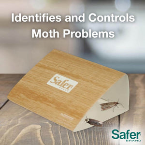 Safer Brand Clothes Moth Alert Trap in a wooden box, displaying two traps designed to protect clothing and furniture by luring and trapping adult moths.