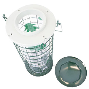 Perky-Pet Squirrel Stumper Bird Feeder with eight feeding ports, wire caging, and clear hopper for 3 lbs. of seed, protected from squirrels.