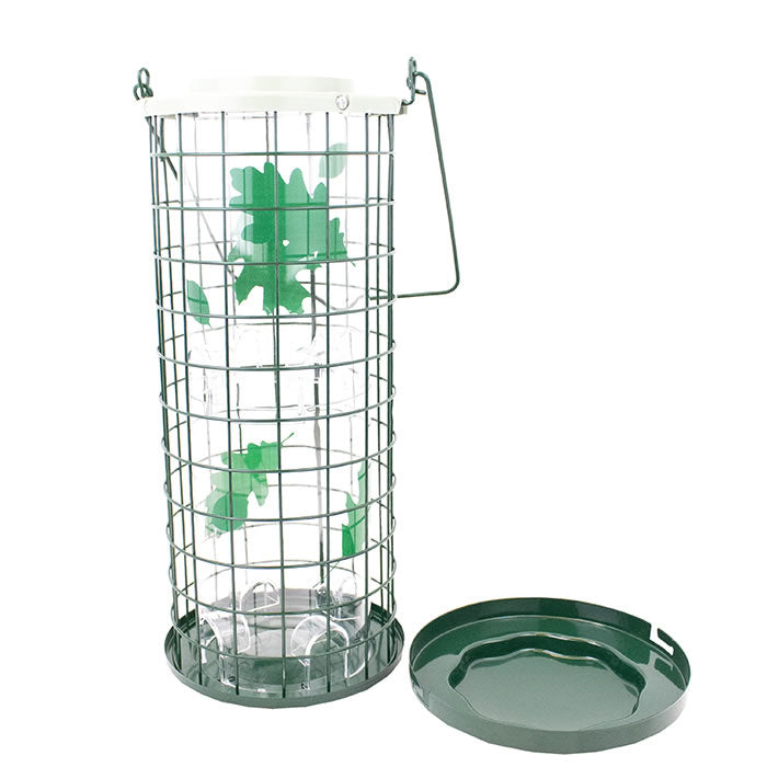 Perky-Pet Squirrel Stumper Bird Feeder with green lid, clear plastic hopper, and heavy-duty wire caging, featuring eight feeding ports to attract more birds.