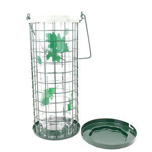 Perky-Pet Squirrel Stumper Bird Feeder with green lid, clear plastic hopper, and heavy-duty wire caging, featuring eight feeding ports to attract more birds.