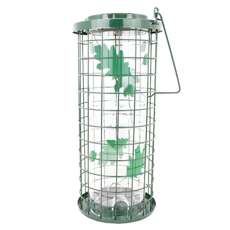 Perky-Pet Squirrel Stumper Bird Feeder with green cage, eight feeding ports, clear plastic hopper for 3 lbs. of seed, and decorative green leaves.