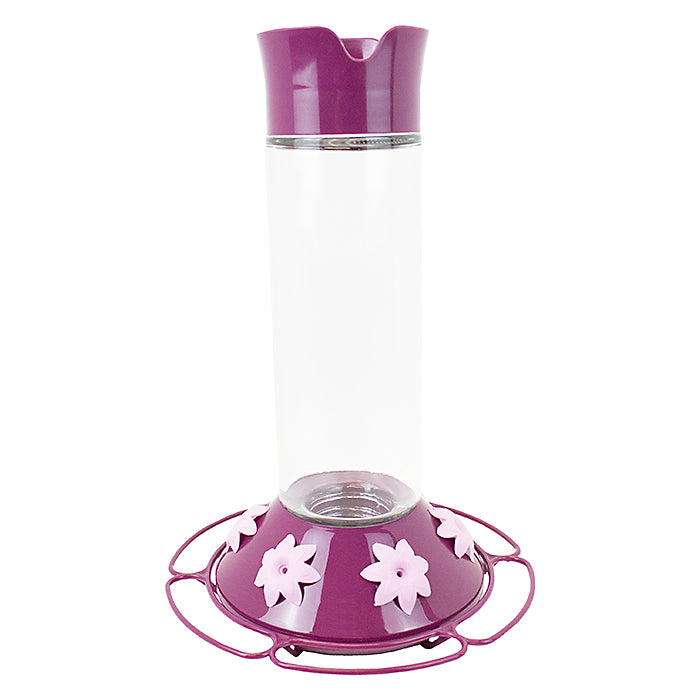 Our Best Royal Berry Hummingbird Feeder with 30 oz. capacity, six petunia-like feeding ports, perches, ant moat, and a leak-proof purple-accented glass bottle.