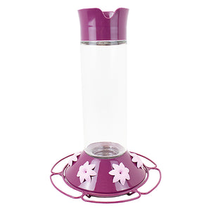 Our Best Royal Berry Hummingbird Feeder with 30 oz. capacity, six petunia-like feeding ports, perches, ant moat, and a leak-proof purple-accented glass bottle.