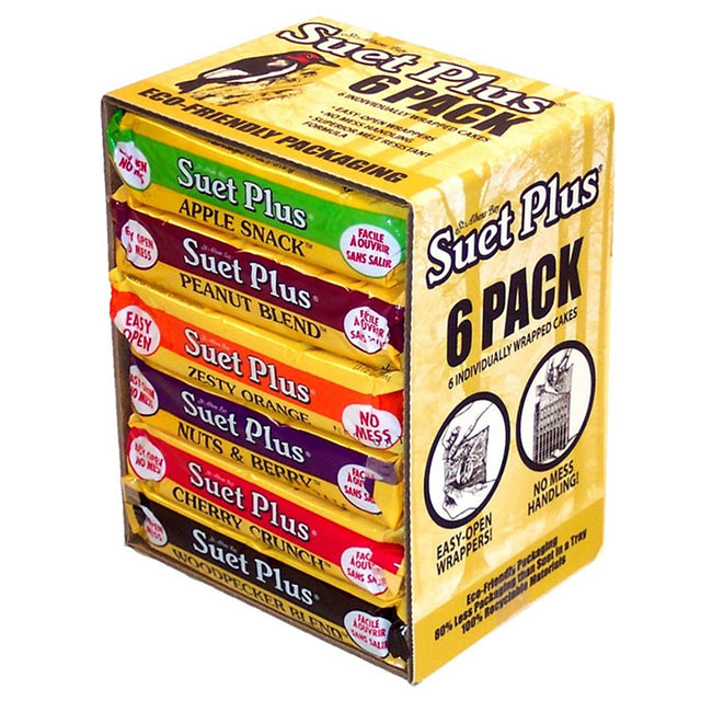 Suet Plus Variety Pack, 6 Cakes in a box with individually wrapped suet cakes, each labeled with different flavors for bird feeders.