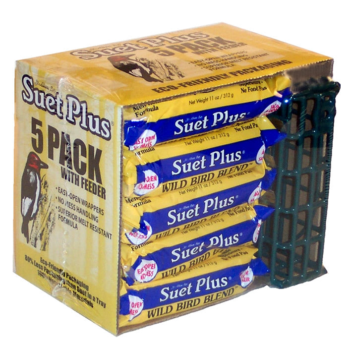 Suet Plus Wild Bird Blend Suet Cakes & Feeder, featuring five individually wrapped suet cakes and a standard suet cage feeder for attracting various suet-loving birds.