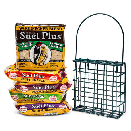 Suet Plus Suet Cakes Variety Pack & Feeder, 5 Cakes: Stack of bird-feeding cakes with suet cage feeder, featuring blends like Woodpecker, Zesty Orange, and Peanut.