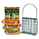 Suet Plus Suet Cakes Variety Pack & Feeder, 5 Cakes: Stack of bird-feeding cakes with suet cage feeder, featuring blends like Woodpecker, Zesty Orange, and Peanut.