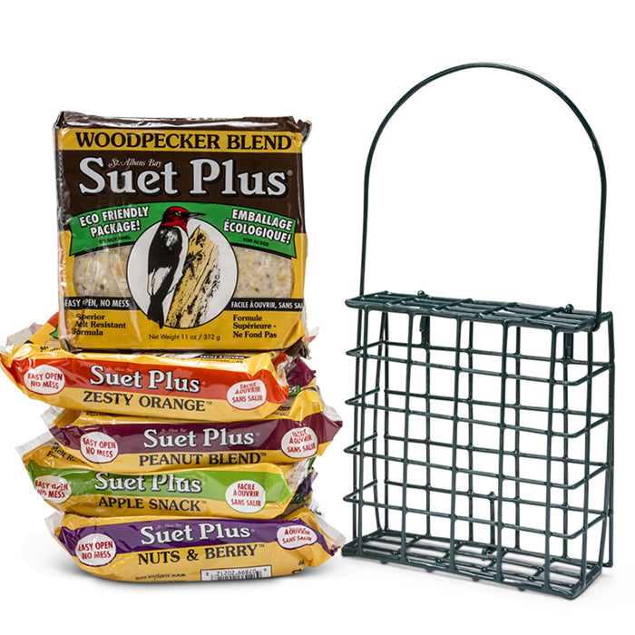 Suet Plus Suet Cakes Variety Pack & Feeder, 5 Cakes: Includes a suet cage feeder and five individually wrapped suet cakes for attracting various suet-loving birds.