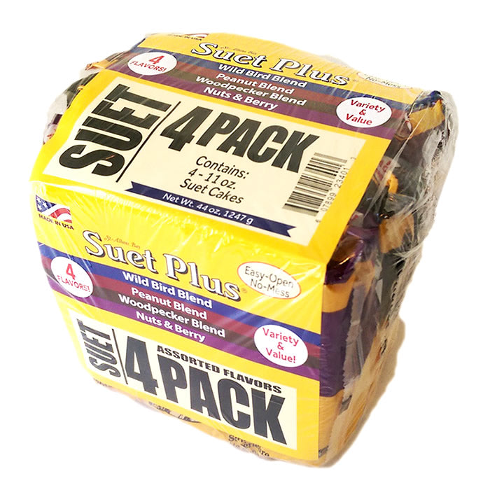 Suet Plus Suet Cakes Variety Pack, 4 Cakes, individually wrapped in plastic, ideal for attracting suet-loving birds to your feeder.