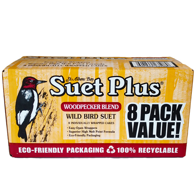 Suet Plus Woodpecker Suet Cakes, 8 Pack: Box of bird food with a black and white woodpecker illustration, ideal for attracting suet-loving birds.