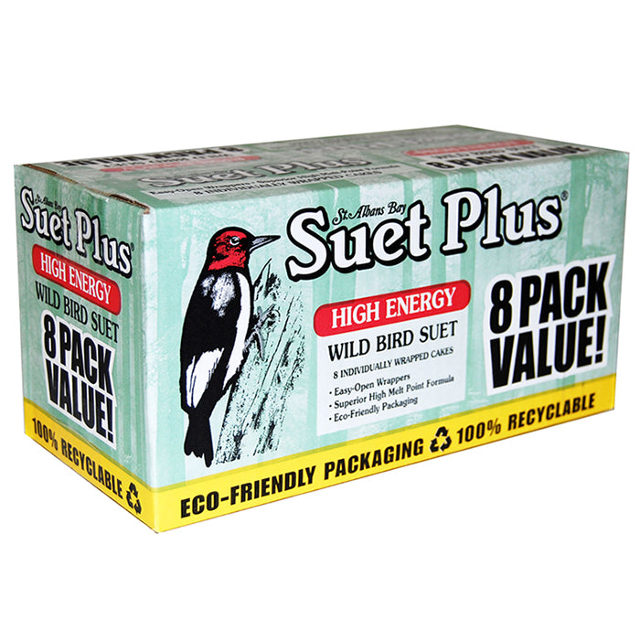 Suet Plus High Energy Suet Cakes, 8 Pack, individually wrapped in a box, ideal for attracting woodpeckers and other suet-loving birds to feeders.