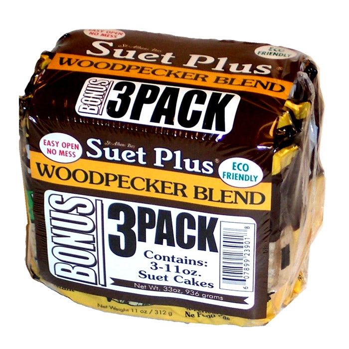 Woodpecker Blend Suet Plus Cakes, 3 Pack, shown in packaging, labeled for attracting woodpeckers and other birds, featuring easy-open, melt-resistant, and feeder-compatible suet cakes.