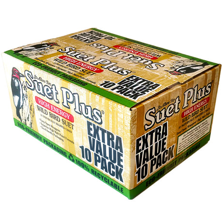 Suet Plus High Energy Suet Cakes, 10 Pack, in labeled box, ideal for attracting woodpeckers and other birds.