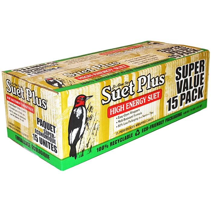 Suet Plus High Energy Suet Cakes, 15 Pack, shown in a box with individually wrapped suet cakes, ideal for attracting various suet-loving birds.