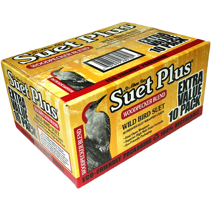 Suet Plus Woodpecker Suet Cakes, 10 Pack: A yellow box with a bird illustration, containing individually wrapped suet cakes for woodpeckers and other suet-loving birds.