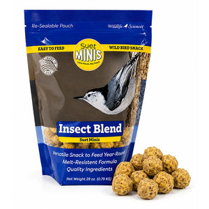 Package of Suet Minis Insect Blend wild bird snack with a bird on the packaging.