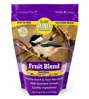 Package of Suet Minis Fruit Blend bird snack with a bird on the packaging.