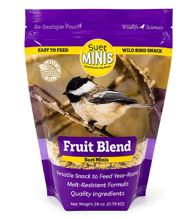 Package of Suet Minis Fruit Blend bird snack with a bird on the packaging.
