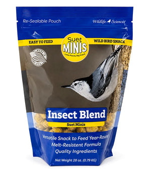 Package of Suet Minis Insect Blend wild bird snack with a bird on the packaging.