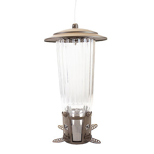 Perky-Pet Squirrel-Be-Gone Max Feeder featuring a clear glass tube with a metal base, twist-off lid, and four weight-activated feeding ports.