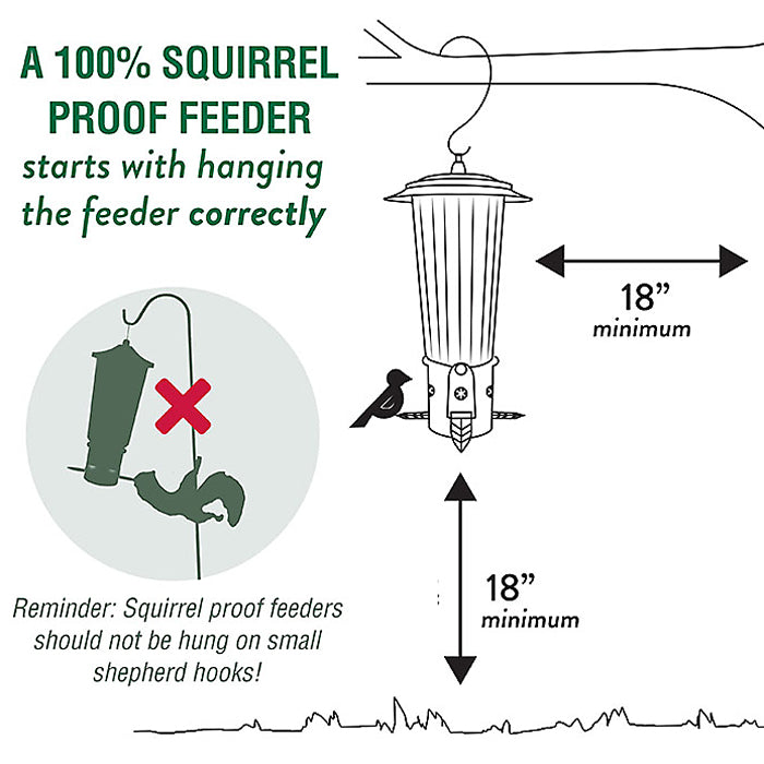 Perky-Pet Squirrel-Be-Gone Max Feeder: Diagram showing secure twist-off lid and weight-activated feeding ports to prevent squirrels from accessing seed.