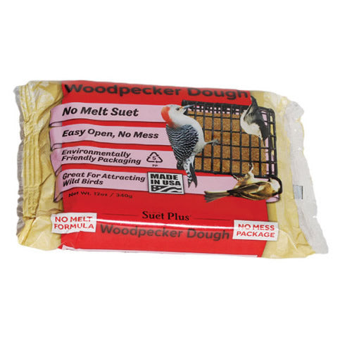 Woodpecker No Melt Dough Cakes, 12 Cakes, packaged for easy refills, featuring a close-up of the packaging and a woodpecker on a wire fence.