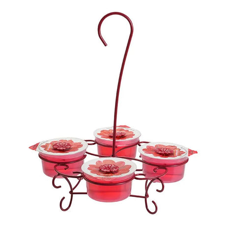 More Birds Nectar Pods Wireform Hummingbird Feeder with hook, red container, lid, and flower ports, designed for easy and mess-free hummingbird feeding.