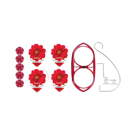 More Birds Gemini Nectar Pods Hummingbird Feeder featuring a red flower-shaped feeder with a wire holder, designed for convenient, mess-free hummingbird feeding.