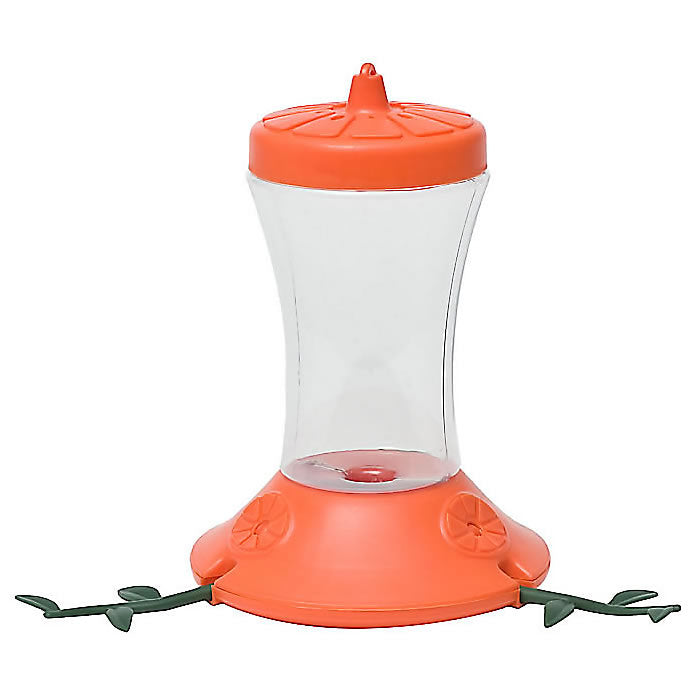 Orange Vine Oriole Feeder with three vine-shaped perches, clear plastic reservoir for nectar levels, and orange lid for easy filling, featuring bee guards and non-drip feeding ports.