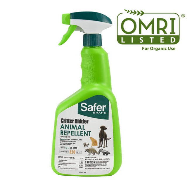 Critter Ridder Animal Repellent RTU Spray, 32 oz., green bottle with white label and logo, designed to repel various nuisance animals.