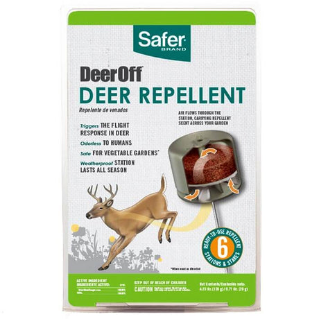 Deer Off Waterproof Deer Repelling Stations, 6 Pack, shown in packaging. Features 6 stations and stakes for easy ground placement.