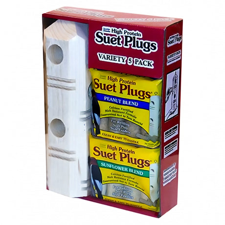 Suet Plug Variety Pack with Feeder featuring wooden holder, four assorted suet plugs for wild birds, and eye hook for easy hanging.