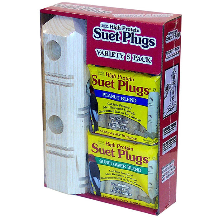 Suet Plug Variety Pack with Feeder: Box containing bird feeder and assorted suet plugs for woodpeckers, featuring a solid pine feeder with perches and an eye hook for hanging.