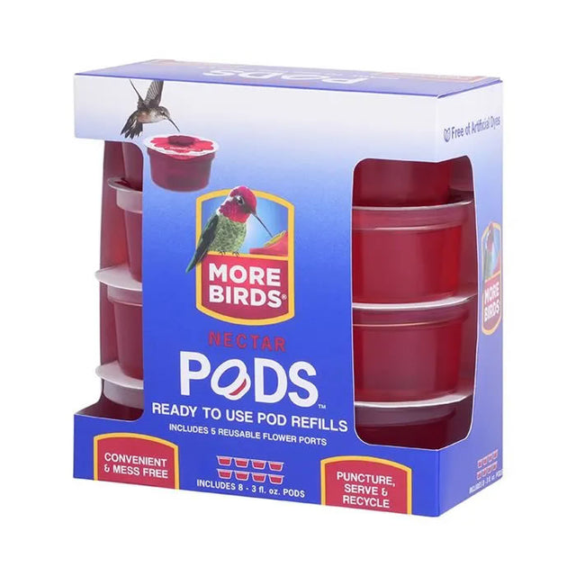 More Birds Nectar Pods Refill box with eight pre-filled nectar pods for easy, mess-free hummingbird feeding.