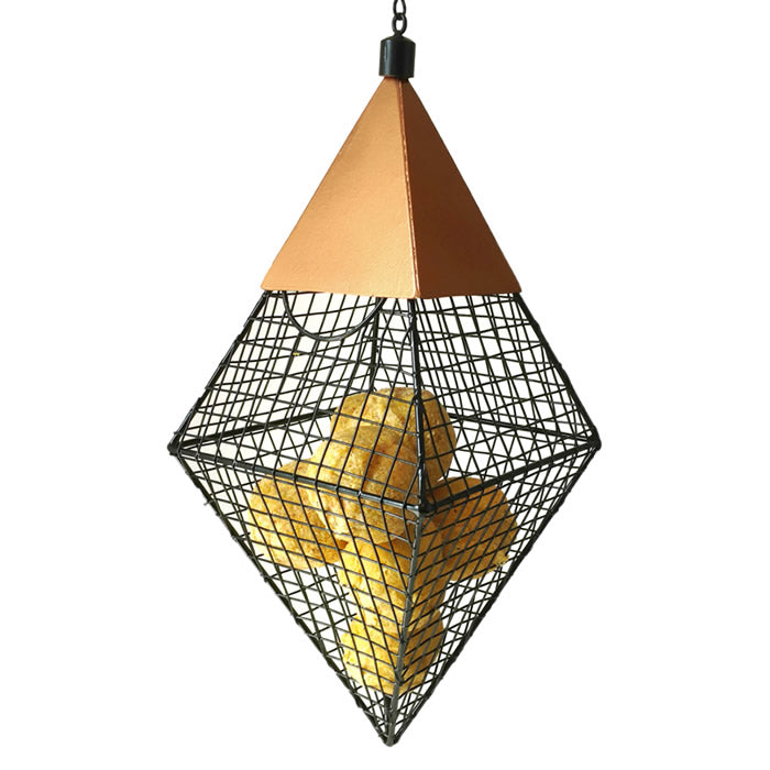 Diamond Geo Suet Ball Feeder with a wire grid cage, bronze top, and hanging chain. Suitable for clinging birds, holds 8 suet or seed balls.