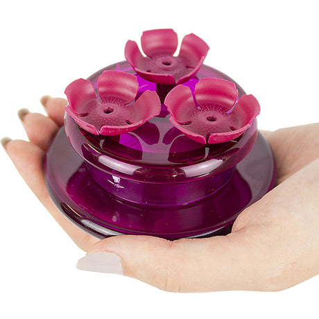 Hand holding Perky-Pet Handheld & Tabletop Hummingbird Feeder, featuring three flower-shaped feeding ports on a purple container.