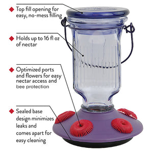 Lavender Field Top-Fill Glass Hummingbird Feeder with striped glass jar, wire top, and five soft red feeding ports resembling zinnias for easy filling and cleaning.