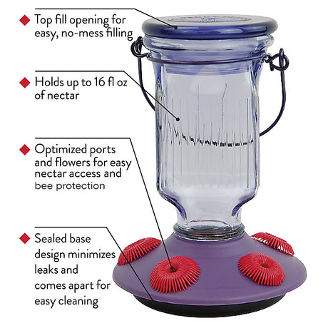 Lavender Field Top-Fill Glass Hummingbird Feeder with striped glass jar, wire top, and five soft red feeding ports resembling zinnias for easy filling and cleaning.